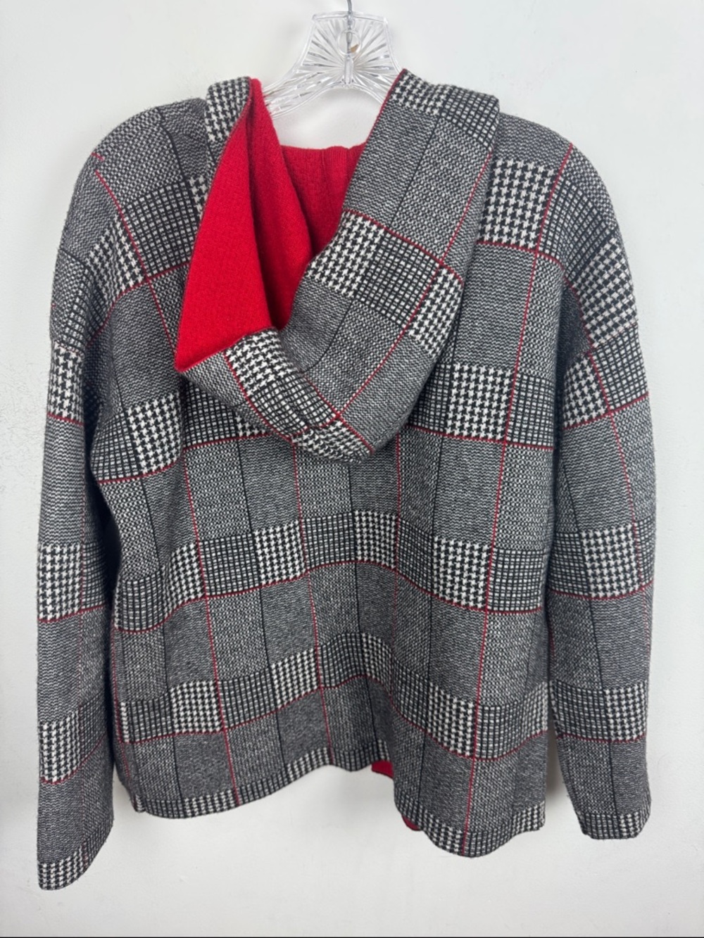 Bartolini Plaid Hooded Cardigan with Red Lining - Picture 2 of 6